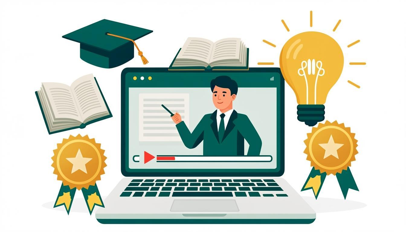 رسم توضيحي لحاسوب يعرض درساً افتراضياً مع كتب وقبعة تخرج